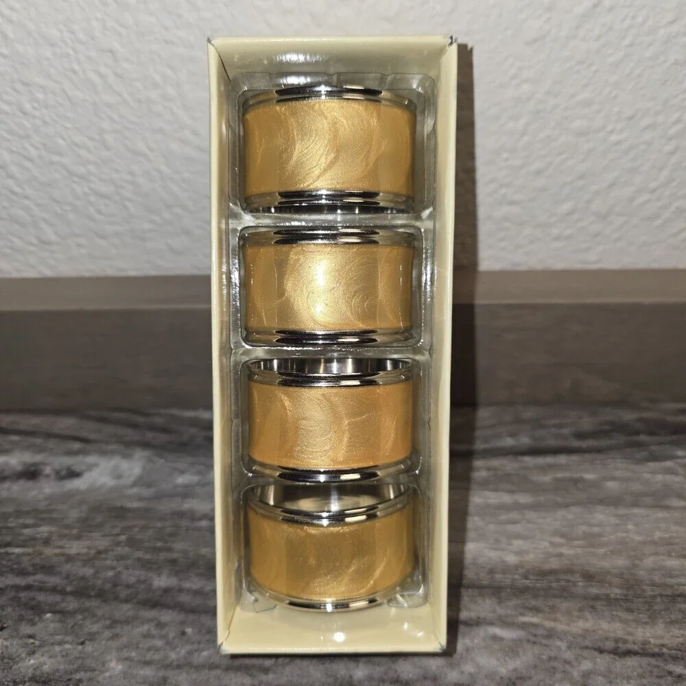 Lenox Gold Enamel Napkin Rings Set of 4 Silver Tone Trim NIB Table Decor